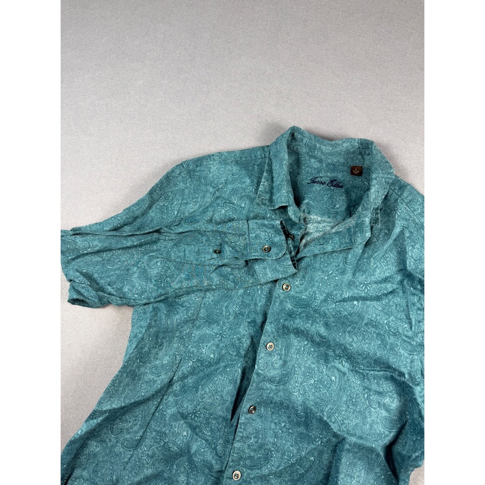 Tasso Elba Mens Teal Paisley 100% Linen Long Sleeve Button Down Shirt Large